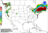 Day 1 probability of snow accumulating greater than or equal to 1 inch.