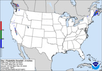 Day 1 probability of snowfall greater than or equal to 8 inches