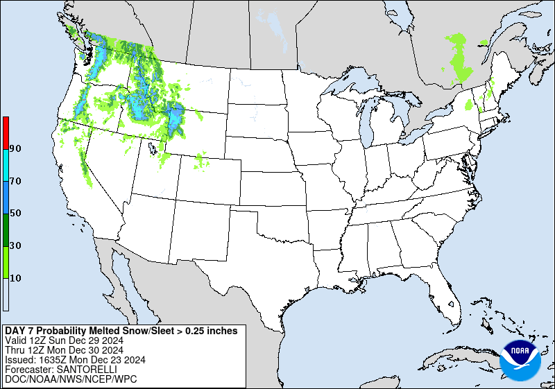 Day 7 probability of at least .25 inch liquid equivalent of snow/sleet.