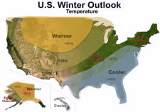 Map of U.S. with winter temperature outlook. Click for larger image.