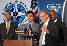 Lt. Gov. Anthony Brown, Locke, Groves and Congressman Elijah Cummings at microphone. Click for larger image.