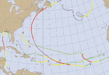 Map tracing paths of hurricanes. Click for full-size.