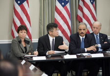 Pictured are Presidential Senior Adviser Valerie Jarret, Secretary Gary Locke, Attorney General Eric Holder and Vice President Joe Biden. Click for larger image.