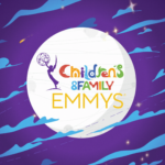 Children's and Family Emmys logo on illustrated moon against purple night sky with blue clouds and stars