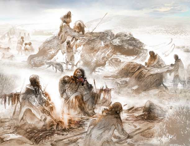 Artist rendering of mammoth hunt