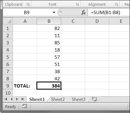 Cell B9 contains the formula =SUM(B1:B8), which adds the cells B1 to B8.