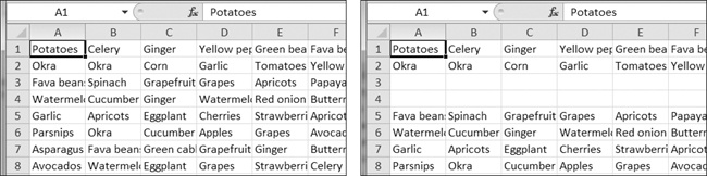 Before (left) and after (right) the two blank rows are inserted at row 3