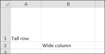 Row 1 and column B set to larger heights and widths