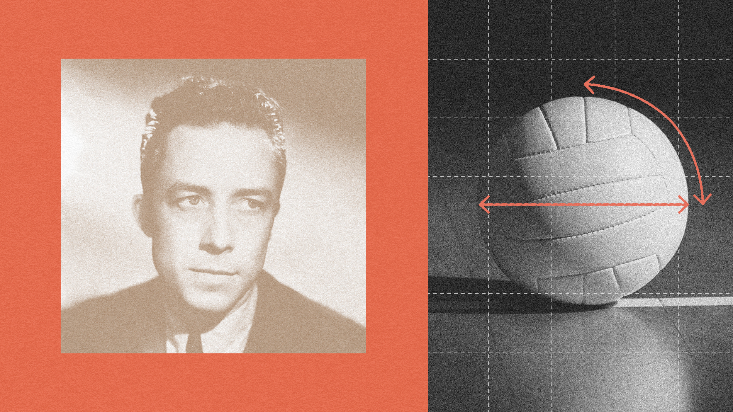 A photograph of a Albert Camus on the left and an illustration of a volleyball with arrows indicating its dimensions on the right, set against a dual-colored red and gray background, evokes a sense of alienation.