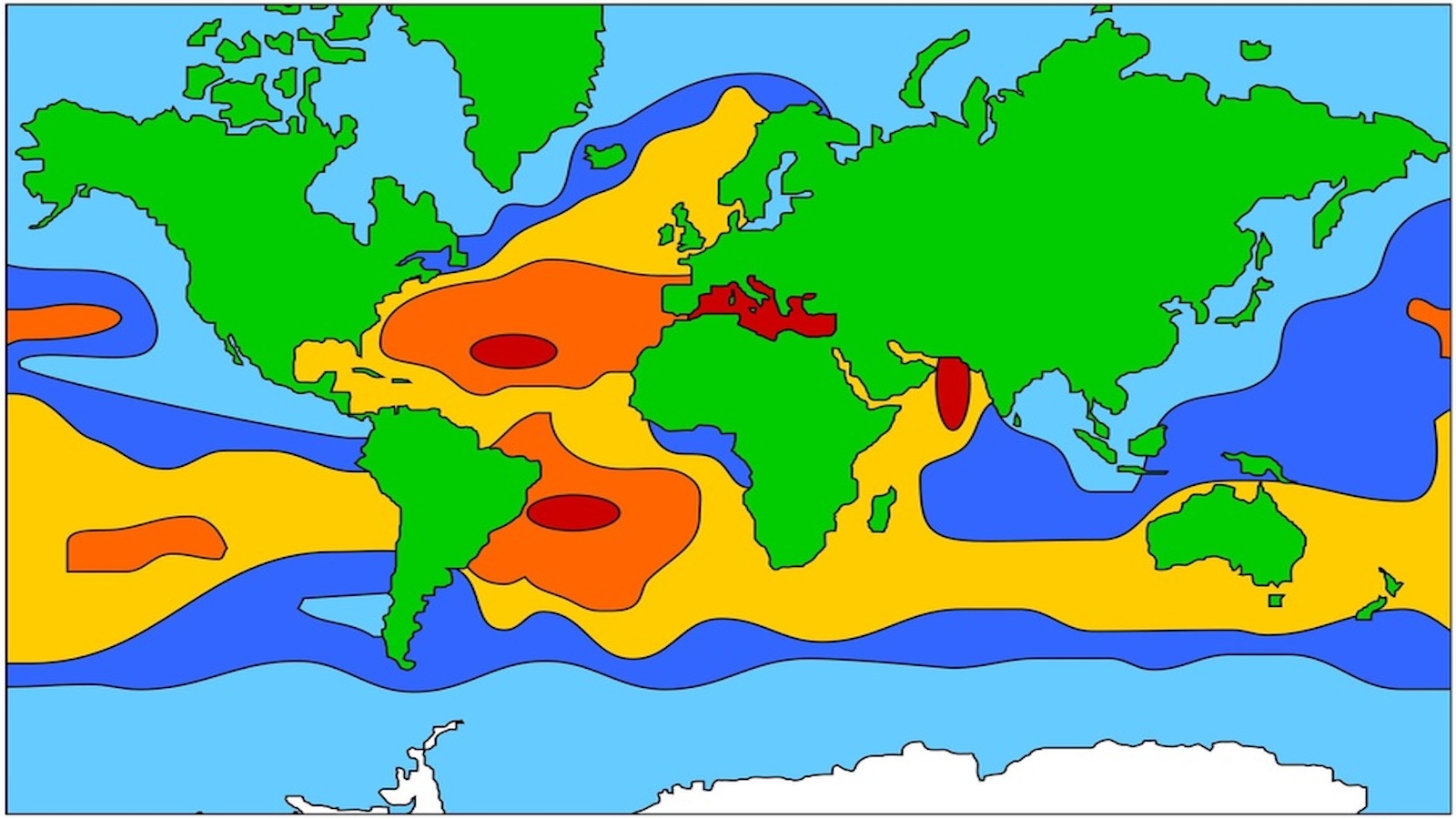 A world map displays global climate zones with colors representing varying levels of temperature and precipitation: green for temperate, yellow for arid, orange and red for hotter regions, and blue for wet zones.