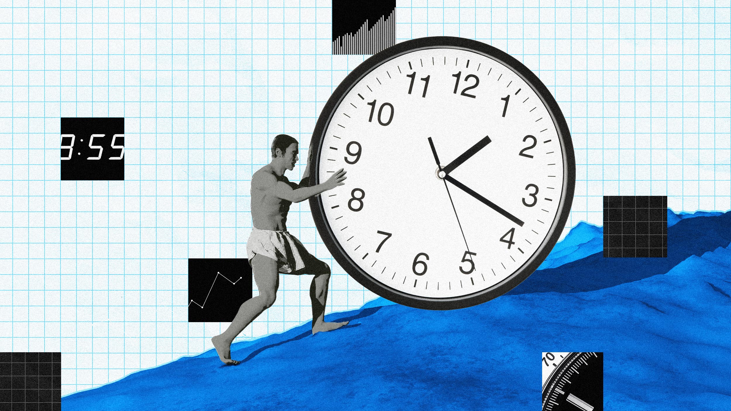 A person in minimal clothing pushes a large clock up a blue hill against a grid background with various numbers and graphs, embodying the diligence reminiscent of the Rule of Saint Benedict.