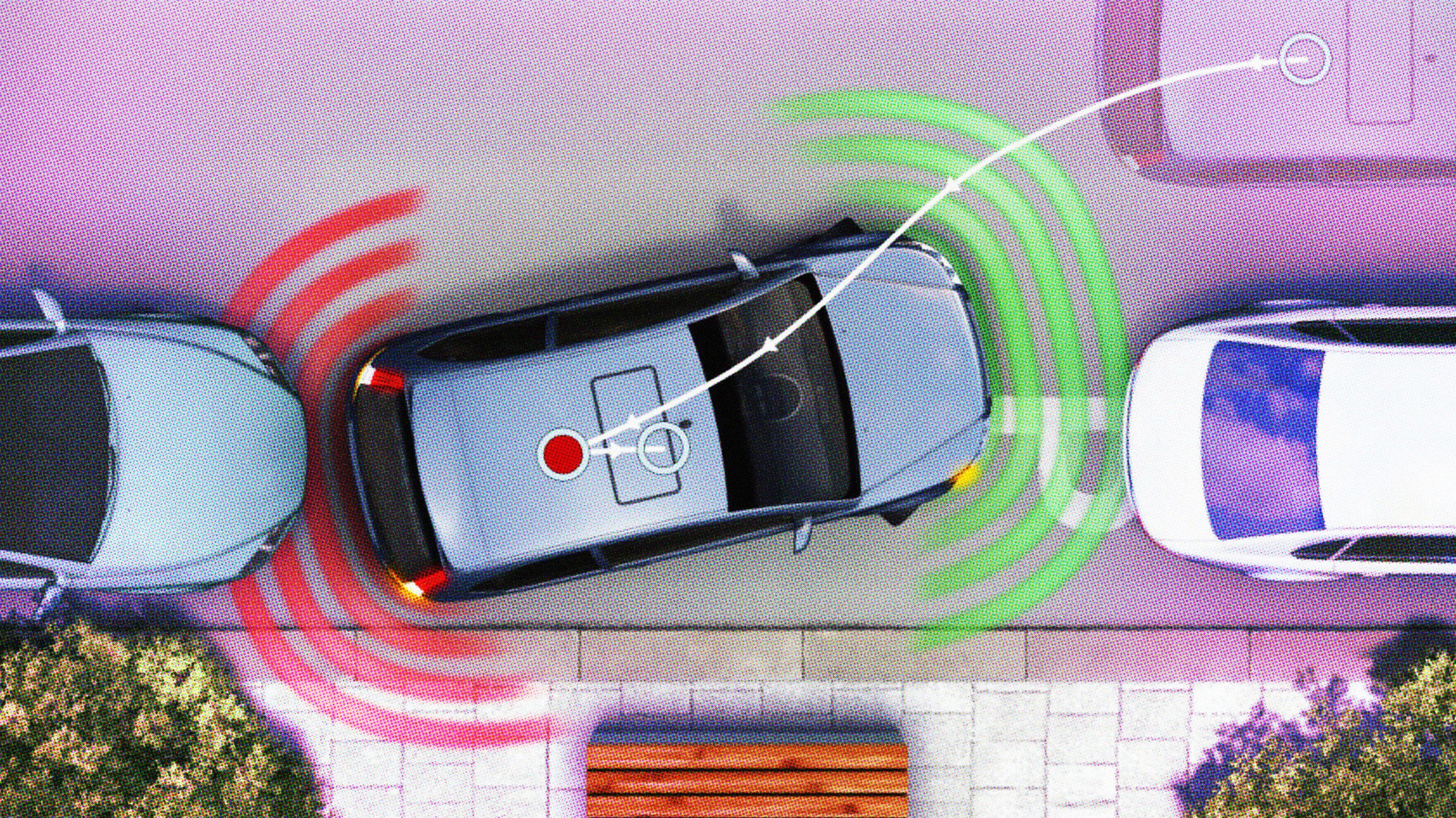 Aerial view of a car parking with proximity sensors activated, showing red and green signals indicating object detection around the vehicle.