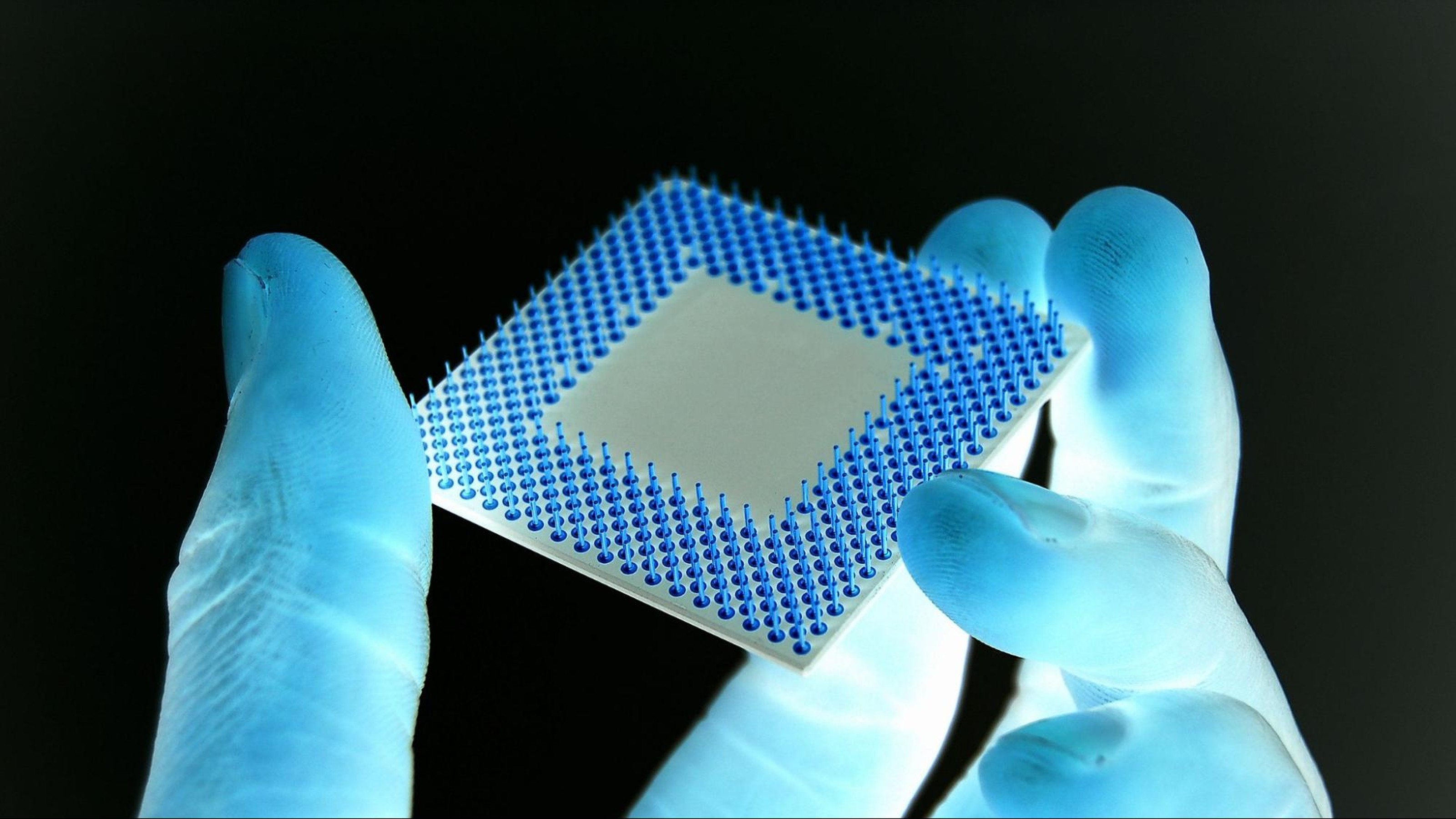 Gloved hands holding a computer processor chip, viewed from an angled perspective against a black background.