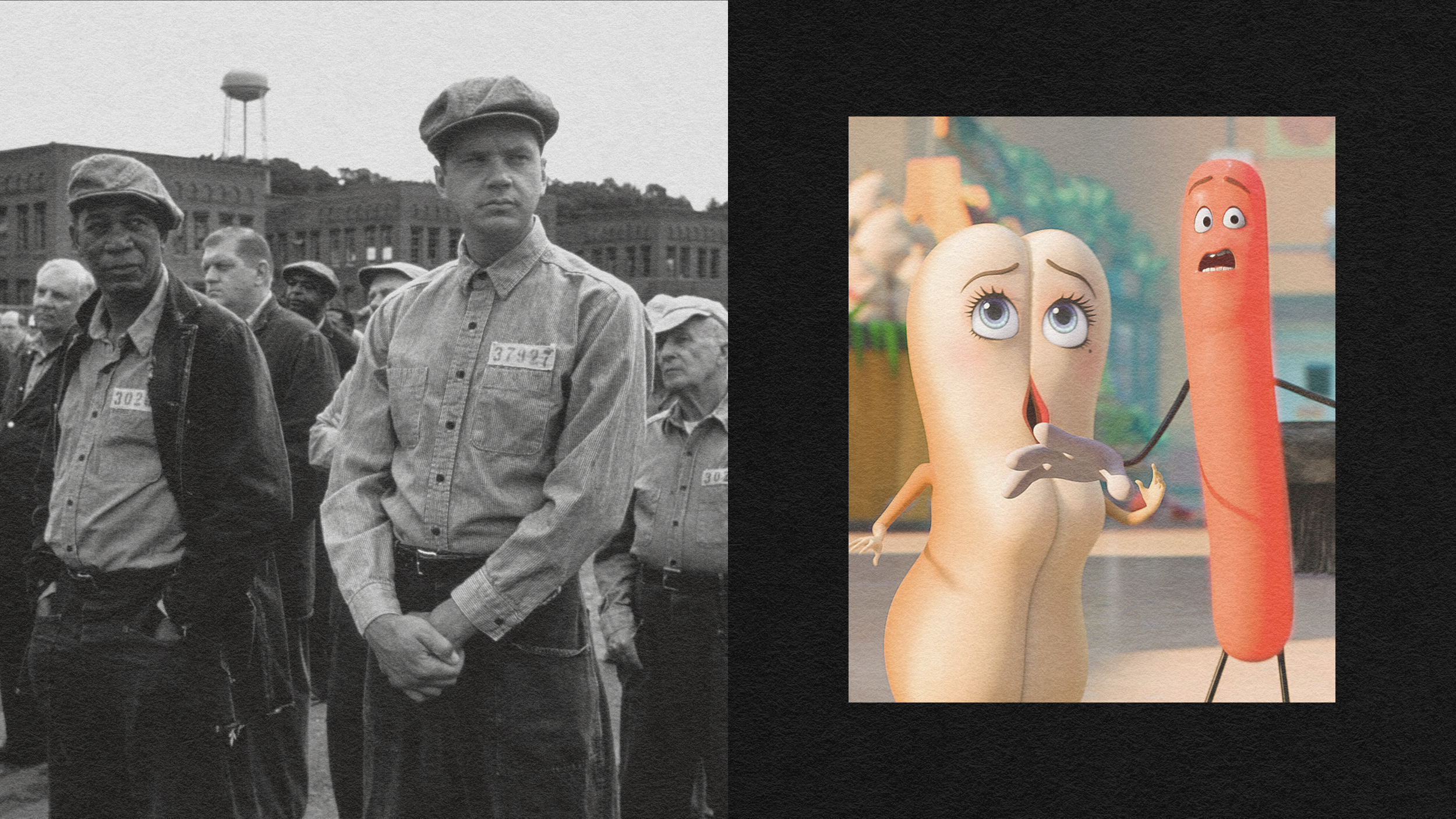 A black-and-white photo of two prisoners in uniforms stands next to a colorful animated image of a hot dog bun character with a sausage character, creating an unexpected juxtaposition that highlights the beauty of contrasts.