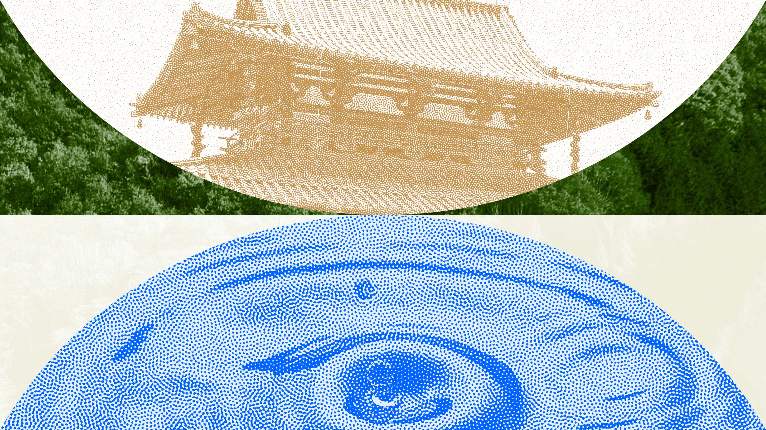 A halftone image exemplifies the art of outlasting, featuring a golden brown pagoda roof atop a blue swirl pattern, elegantly divided by a white horizontal line.