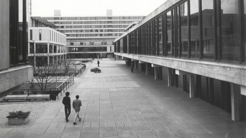 A black and white photo of the University of Bath campus in the 1970s