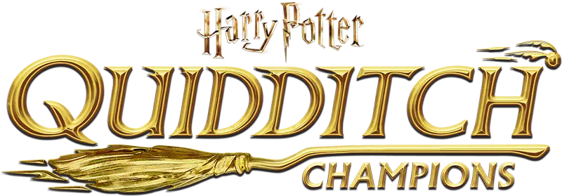 Image of a wizarding world sports logo for new Hogwarts game Harry Potter Quidditch Champions, featuring Quidditch equipment including a Quidditch broom and golden Snitch to represent the new competitive Harry Potter multiplayer game experience. 