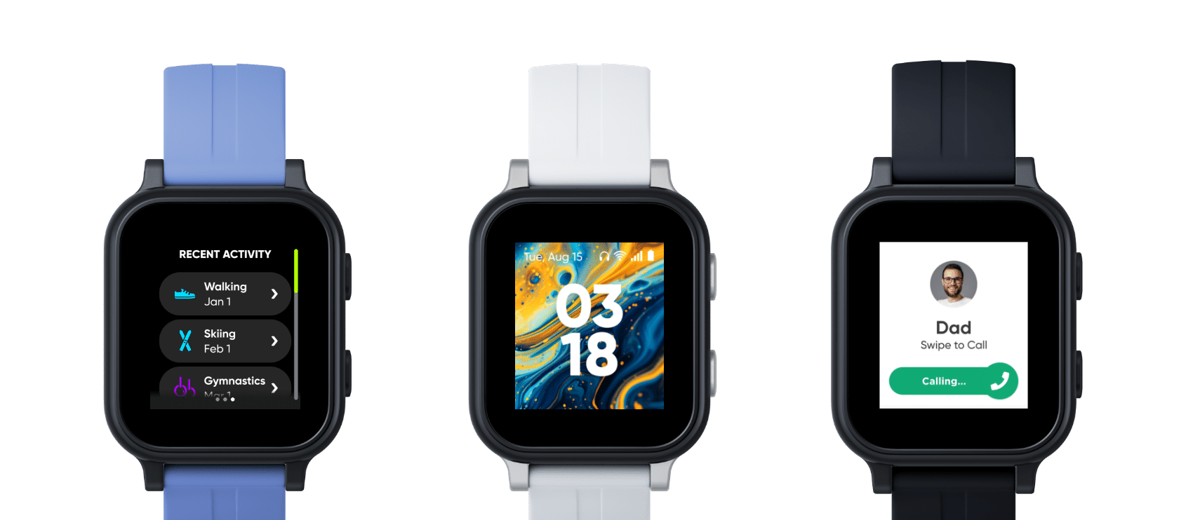 Gabb Watch 3e, three different watch faces, fitness app, watch face, and call screen