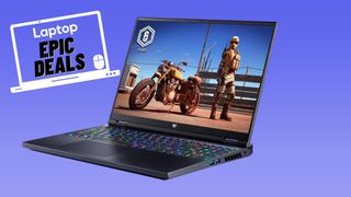 Black Acer Predator Helios 16 gaming laptop with Rainbow six siege game still on screen and RGB keyboard against blue gradient background