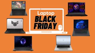 Alienware, Asus, HP, Lenovo, MSI, and Razer gaming laptops against orange background with Black Friday Laptop Mag logo