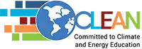 CLEAN 2021 Logo, Blue Globe with colored lines coming out of the left and the words CLEAN, committed to climate and energy education written on the right. 