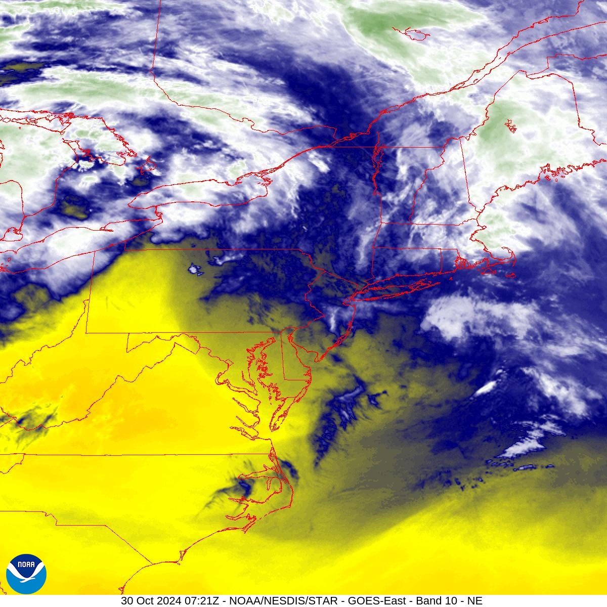 Band 10 - 7.3 µm - Lower-level Water Vapor - IR - 30 Oct 2024 - 0721 UTC