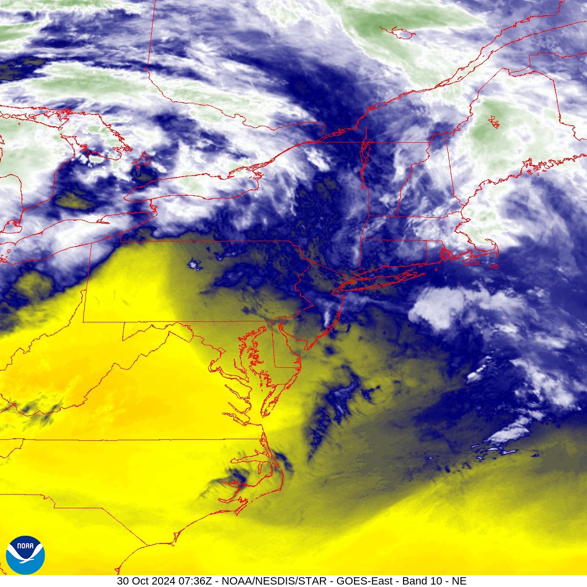 Band 10 - 7.3 µm - Lower-level Water Vapor - IR - 30 Oct 2024 - 0736 UTC