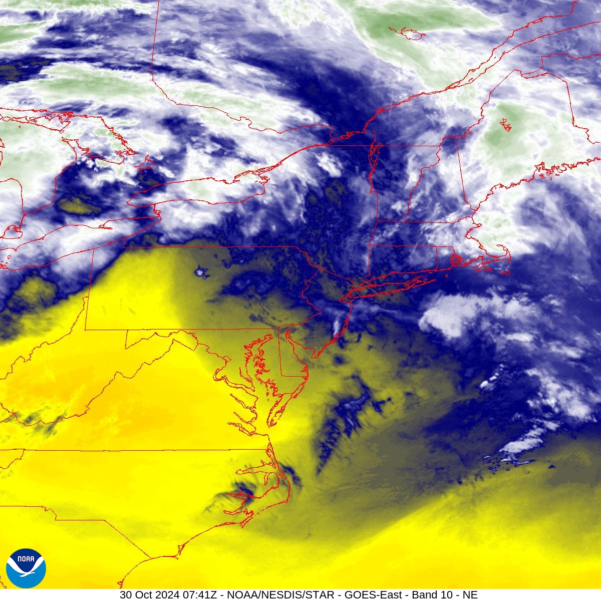 Band 10 - 7.3 µm - Lower-level Water Vapor - IR - 30 Oct 2024 - 0741 UTC