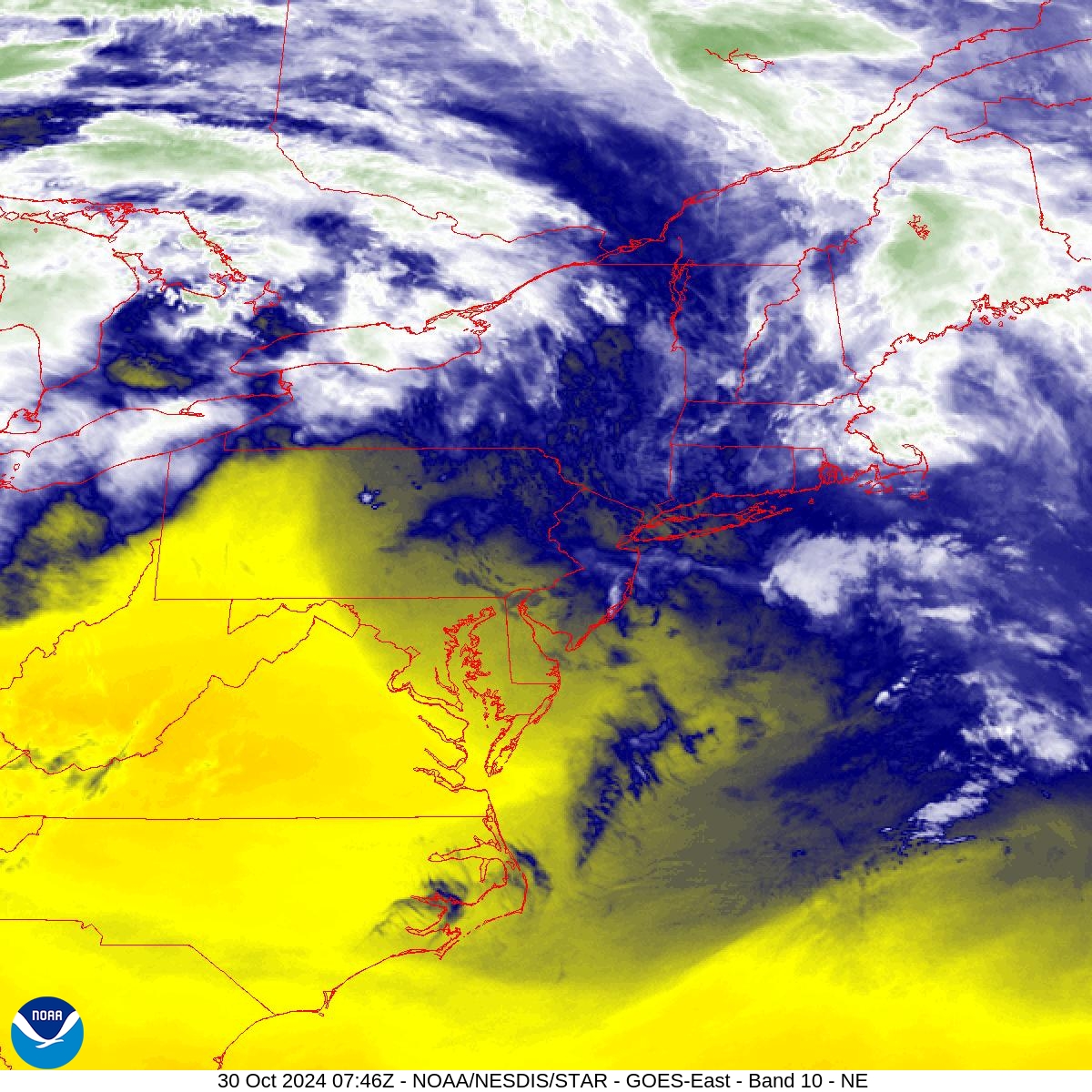 Band 10 - 7.3 µm - Lower-level Water Vapor - IR - 30 Oct 2024 - 0746 UTC