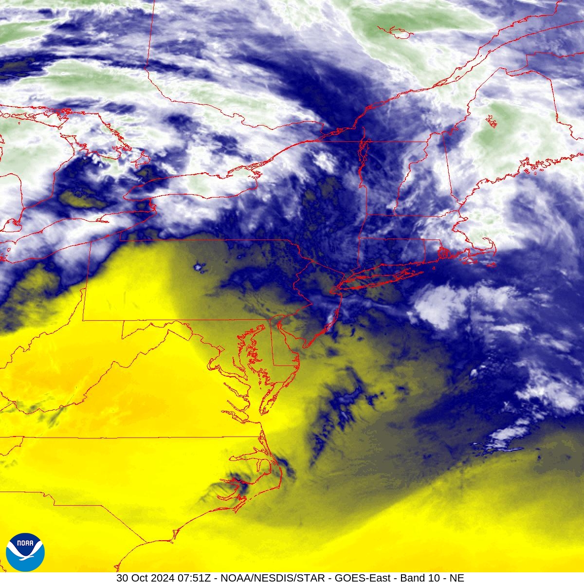 Band 10 - 7.3 µm - Lower-level Water Vapor - IR - 30 Oct 2024 - 0751 UTC