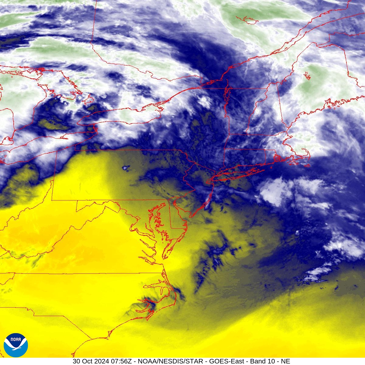 Band 10 - 7.3 µm - Lower-level Water Vapor - IR - 30 Oct 2024 - 0756 UTC