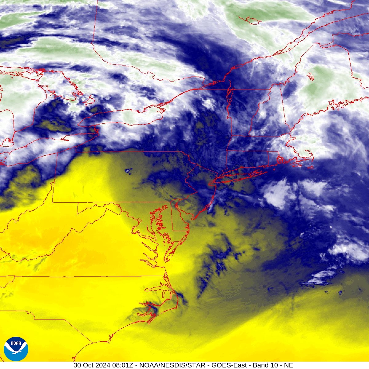 Band 10 - 7.3 µm - Lower-level Water Vapor - IR - 30 Oct 2024 - 0801 UTC