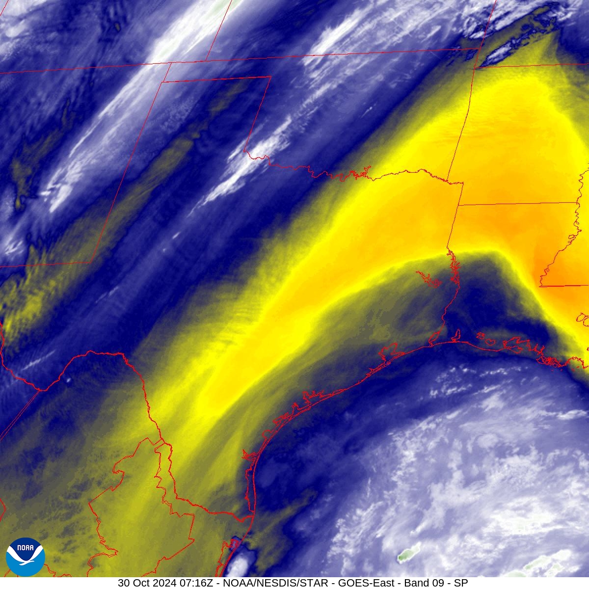 Band 9 - 6.9 µm - Mid-Level Water Vapor - IR  - 30 Oct 2024 - 0716 UTC