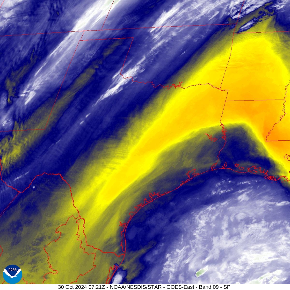 Band 9 - 6.9 µm - Mid-Level Water Vapor - IR  - 30 Oct 2024 - 0721 UTC