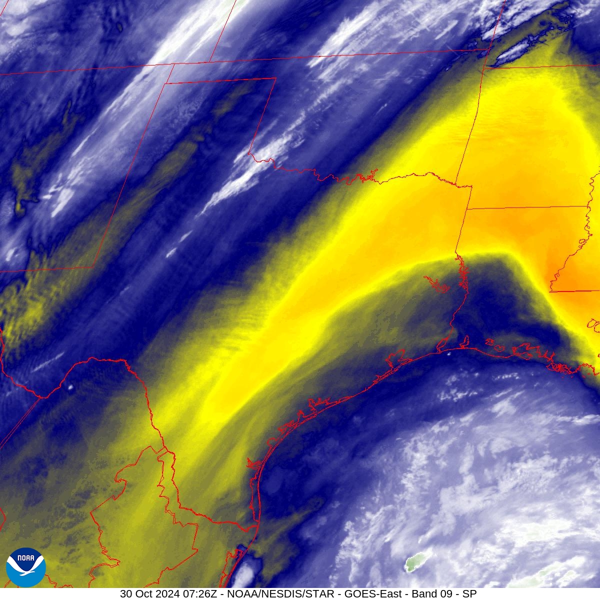 Band 9 - 6.9 µm - Mid-Level Water Vapor - IR  - 30 Oct 2024 - 0726 UTC