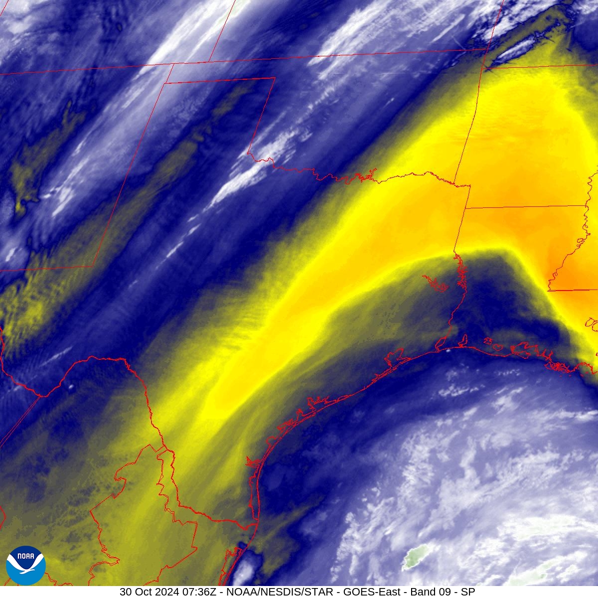 Band 9 - 6.9 µm - Mid-Level Water Vapor - IR  - 30 Oct 2024 - 0736 UTC