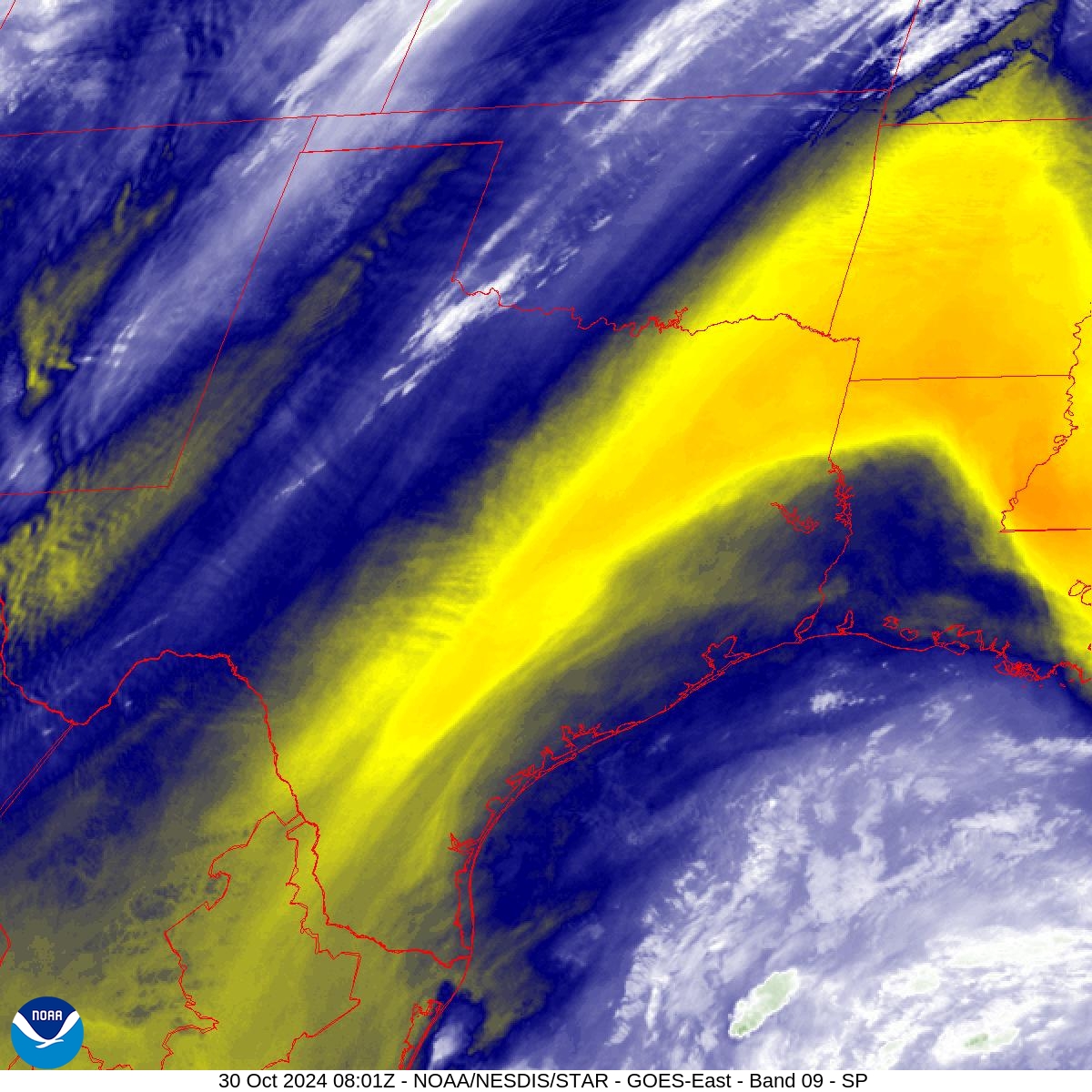 Band 9 - 6.9 µm - Mid-Level Water Vapor - IR  - 30 Oct 2024 - 0801 UTC