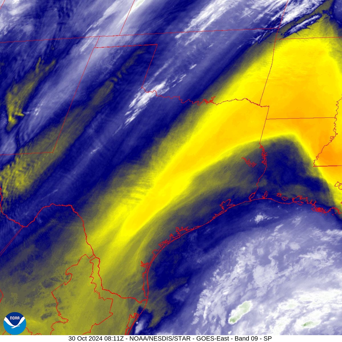 Band 9 - 6.9 µm - Mid-Level Water Vapor - IR  - 30 Oct 2024 - 0811 UTC