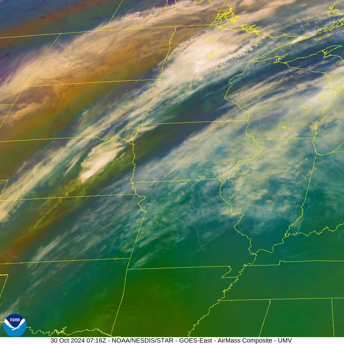 Air Mass - RGB based on data from IR & water vapor - 30 Oct 2024 - 0716 UTC