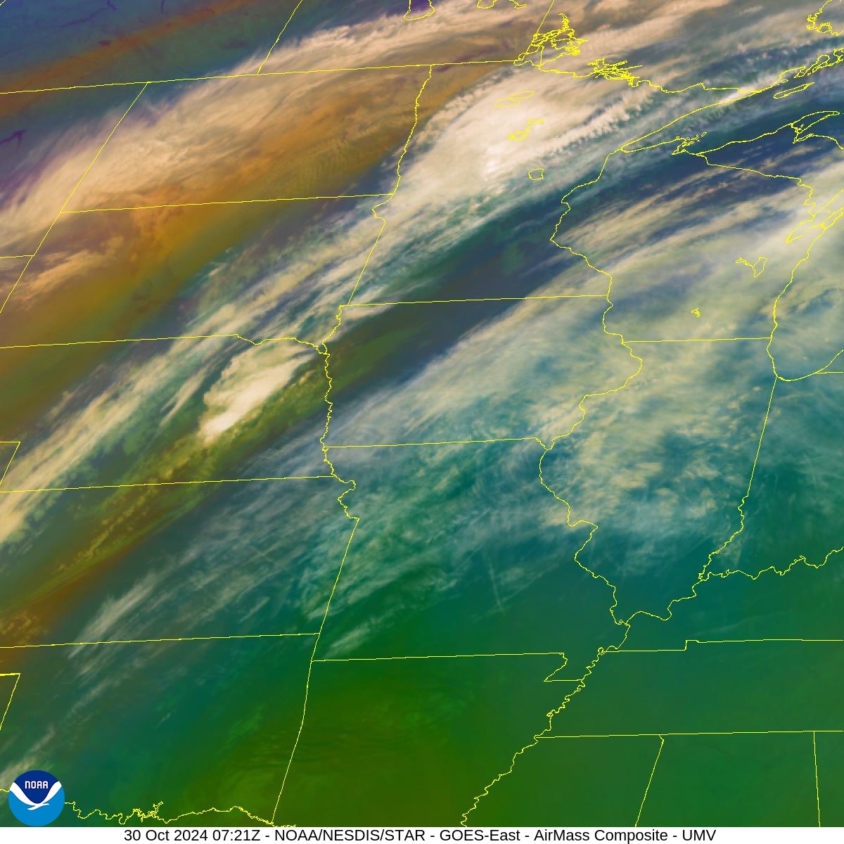 Air Mass - RGB based on data from IR & water vapor - 30 Oct 2024 - 0721 UTC