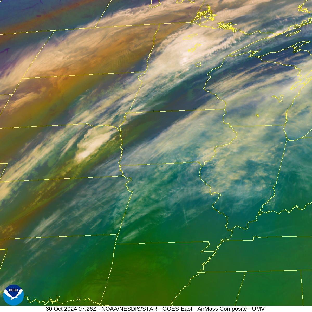 Air Mass - RGB based on data from IR & water vapor - 30 Oct 2024 - 0726 UTC