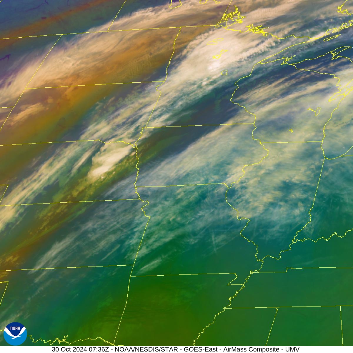 Air Mass - RGB based on data from IR & water vapor - 30 Oct 2024 - 0736 UTC