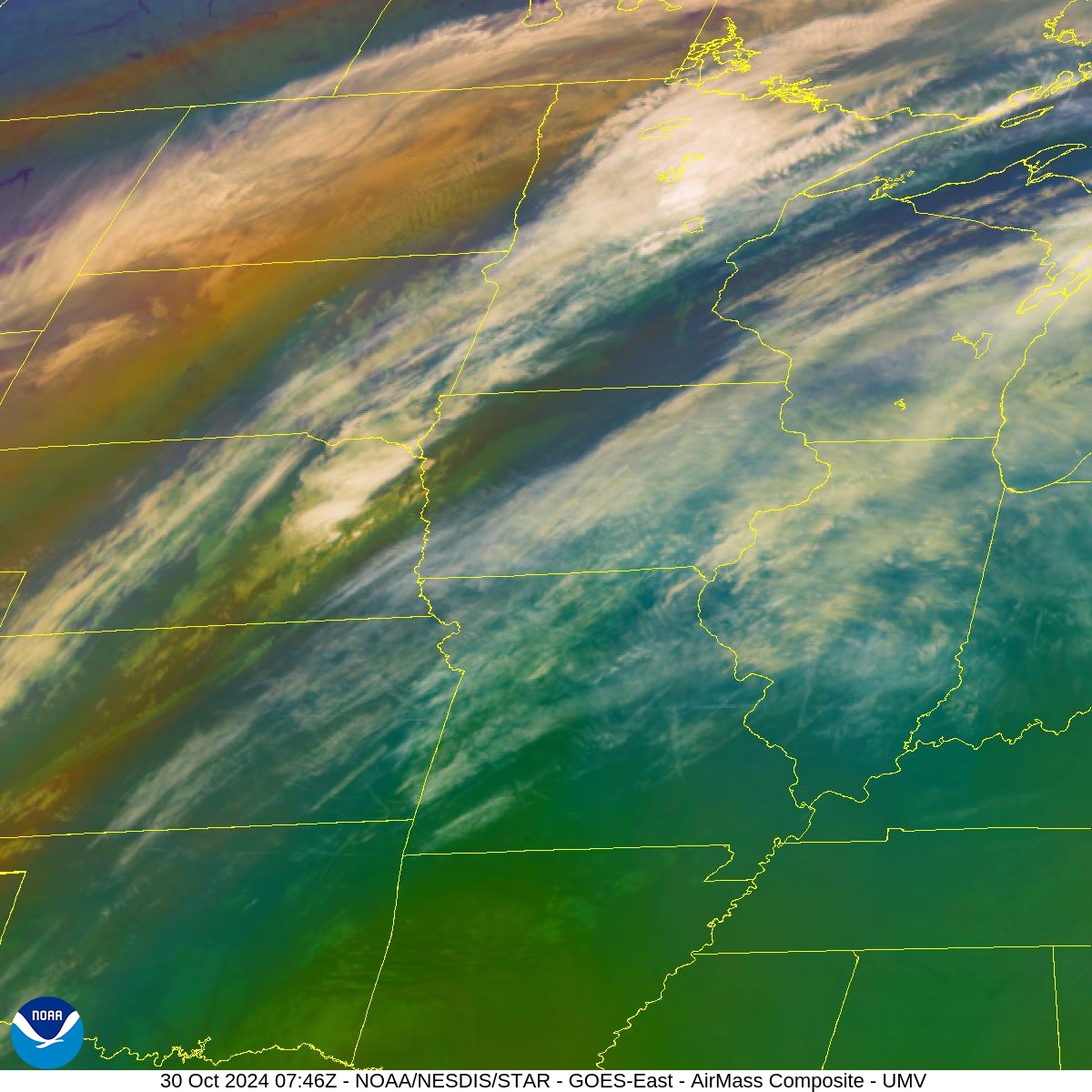 Air Mass - RGB based on data from IR & water vapor - 30 Oct 2024 - 0746 UTC