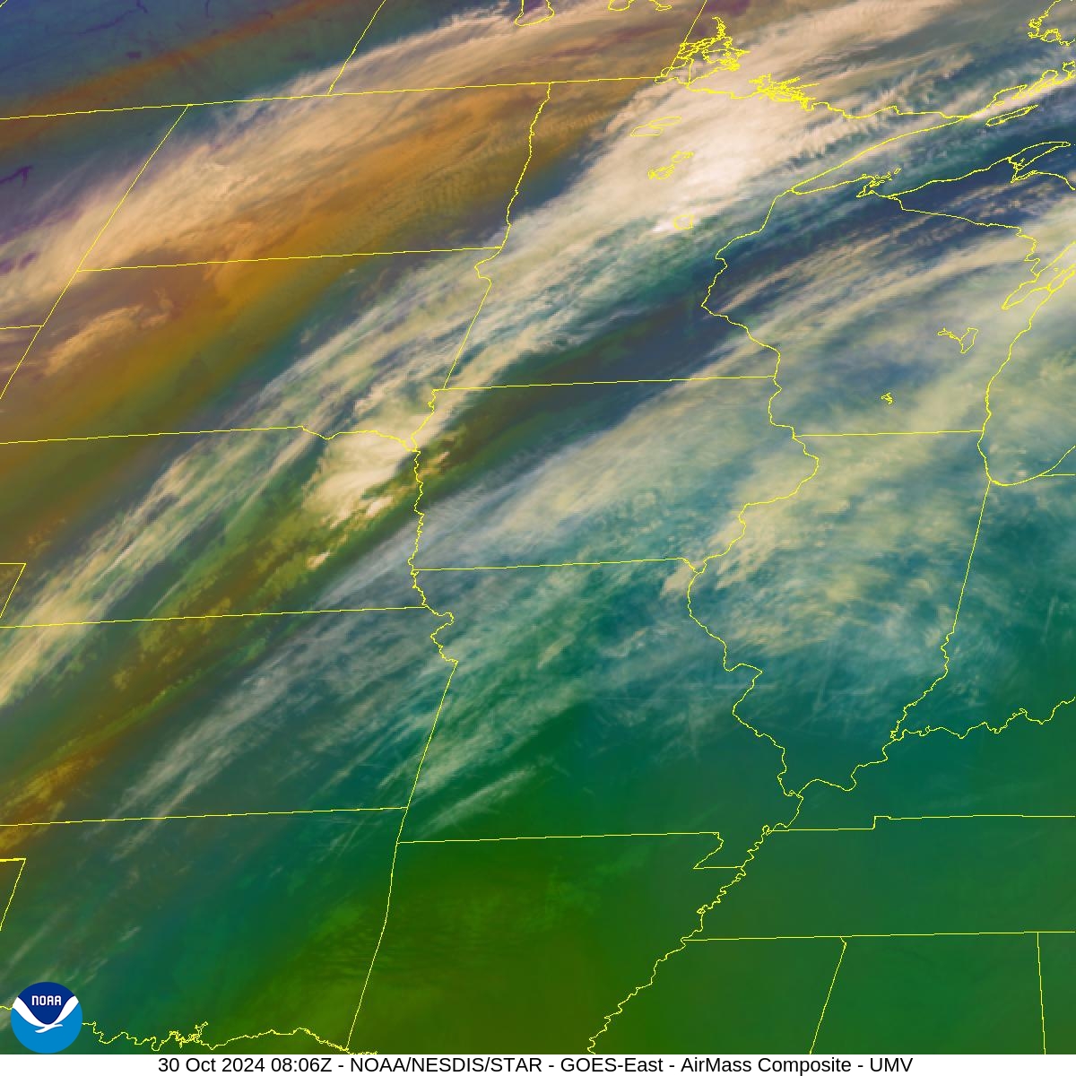 Air Mass - RGB based on data from IR & water vapor - 30 Oct 2024 - 0806 UTC