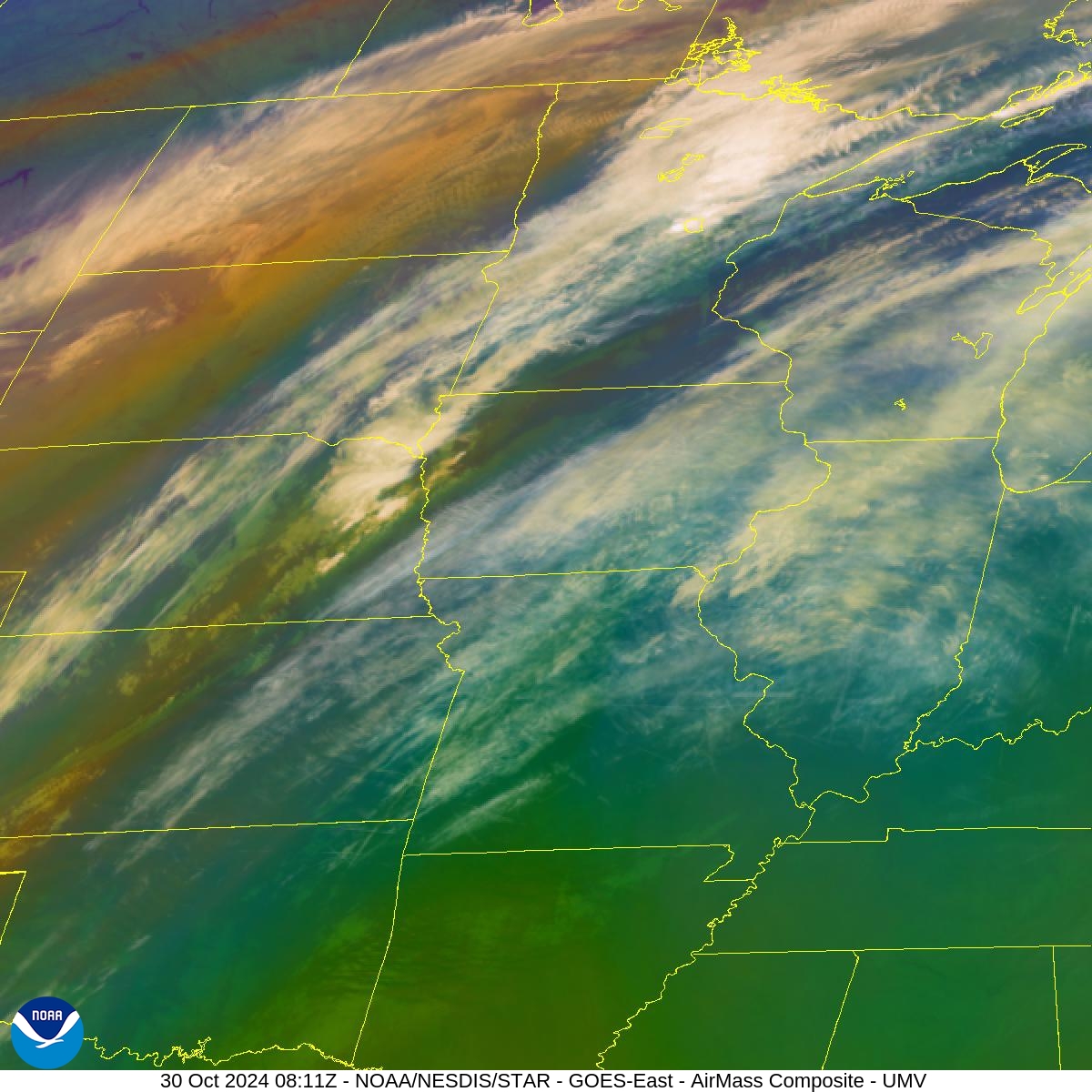 Air Mass - RGB based on data from IR & water vapor - 30 Oct 2024 - 0811 UTC