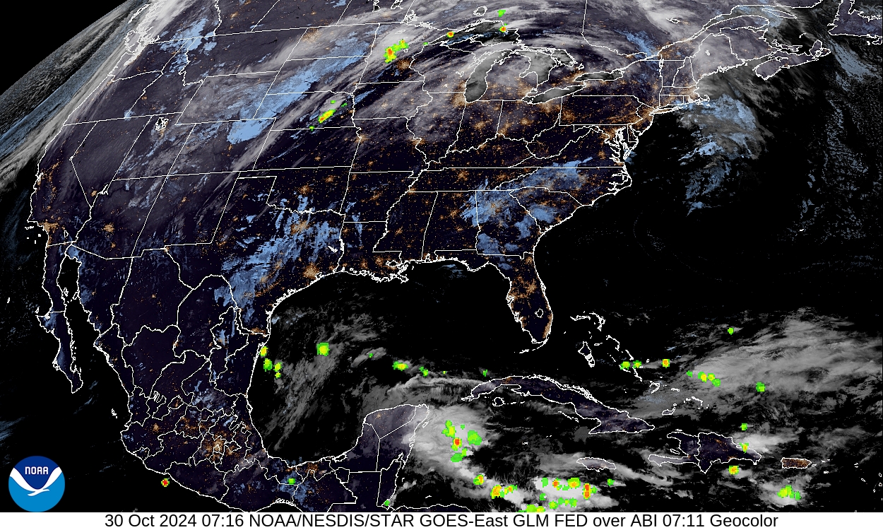 Geostationary Lightning Mapper - Lightning flash extent over GeoColor - 30 Oct 2024 - 0716 UTC