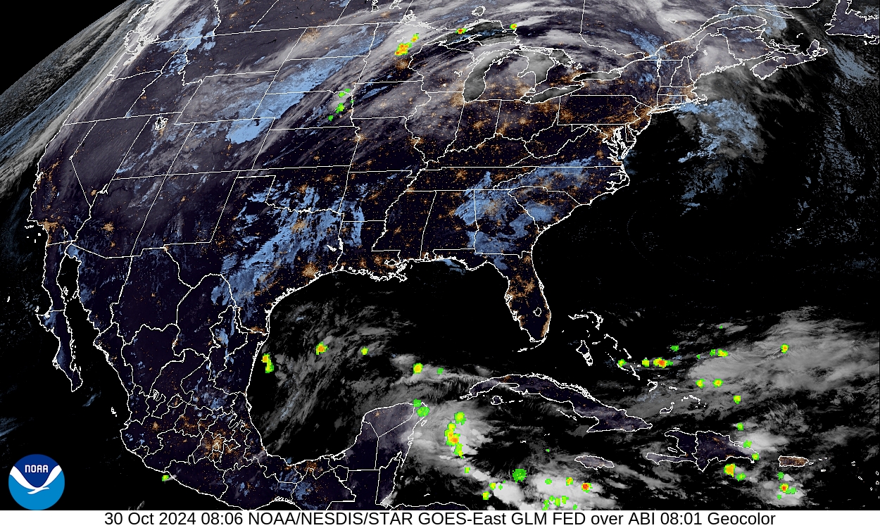 Geostationary Lightning Mapper - Lightning flash extent over GeoColor - 30 Oct 2024 - 0806 UTC