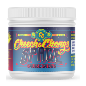 A container of Cheech & Chong Space Chews (Free) features a colorful label with the brand logo and 