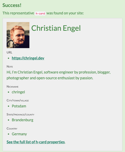 Valid `h-card` entry parsed by IndieWebify.me