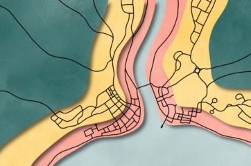 Layered map of city streets near the mouth of a river